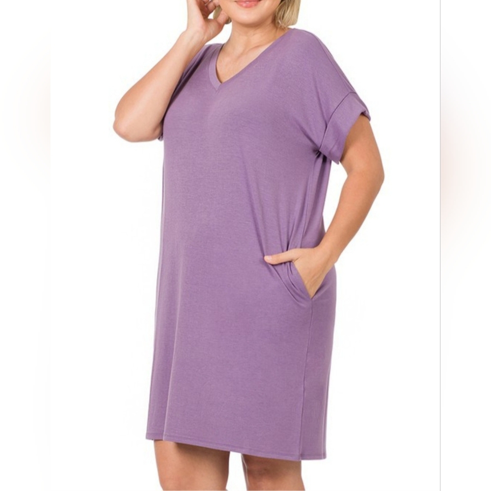 Zenana Plus Eggplant V-Neck Rolled Short Sleeve Dress with Pockets